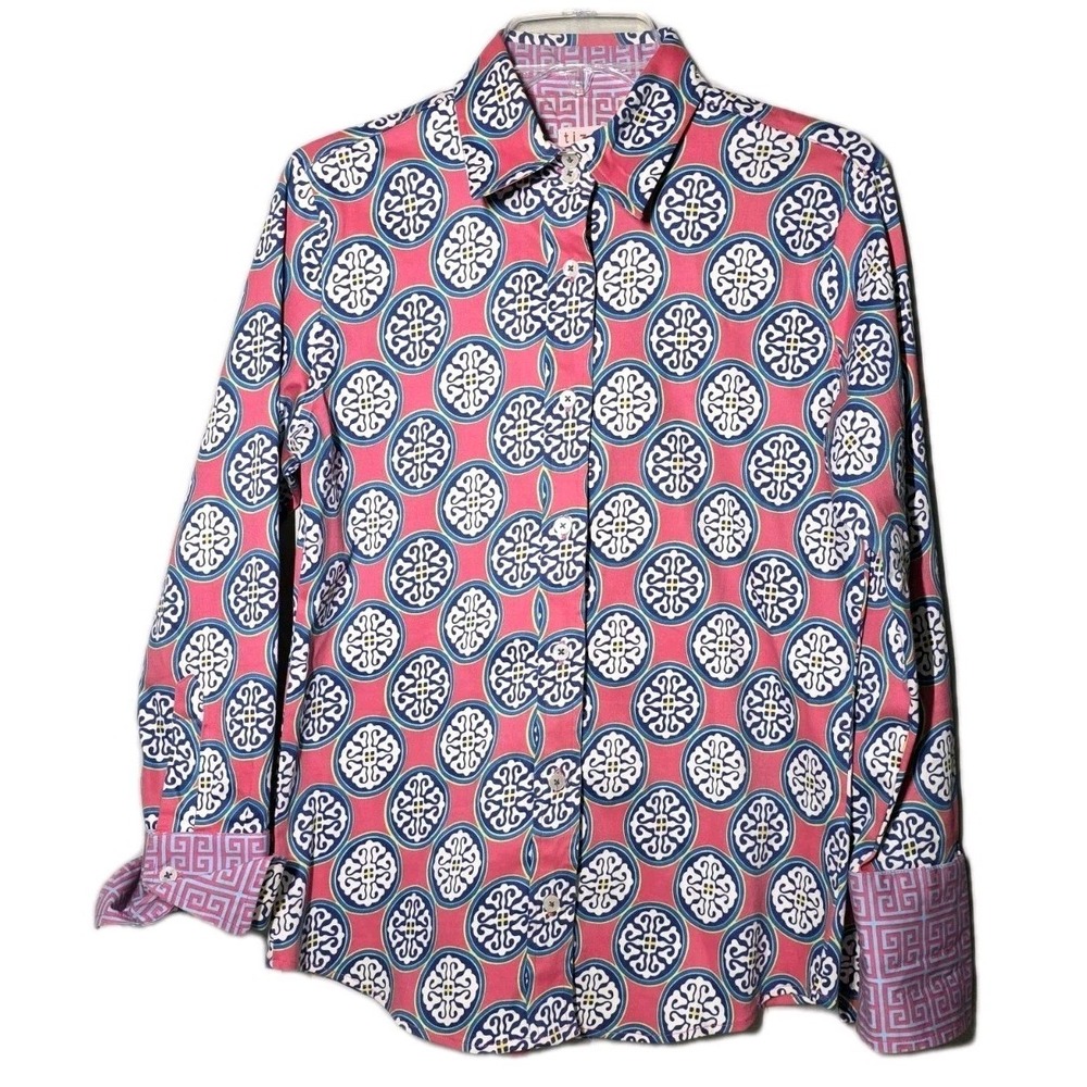 Tizzie Womens Size Medium Pink & Blue Button Down Long Sleeve Blouse‎